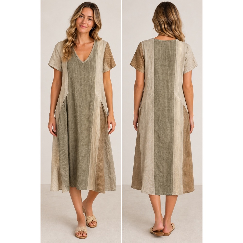 FLAX 100% Linen Midi Brown Striped Dress Pockets Lagenlook Coastal Womens Small